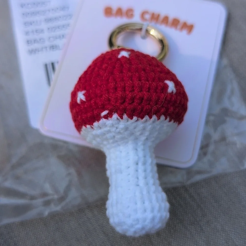 Anthropologie Red and White Crochet Mushroom Bag Charm NWT